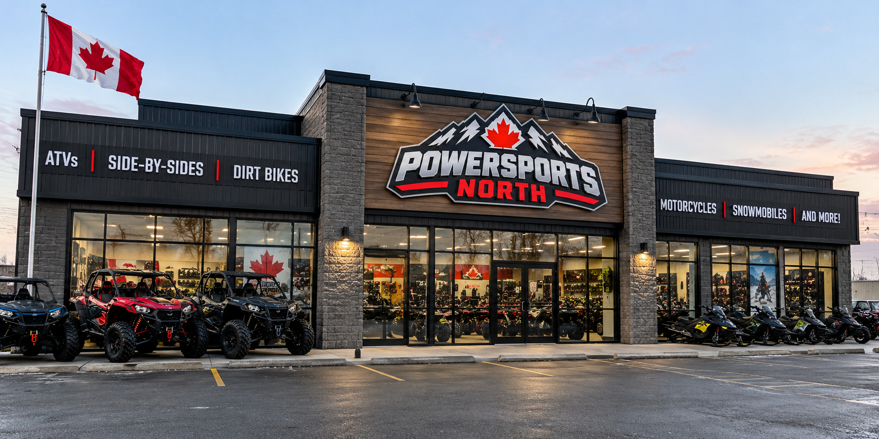 Powersports North dealership at sunset