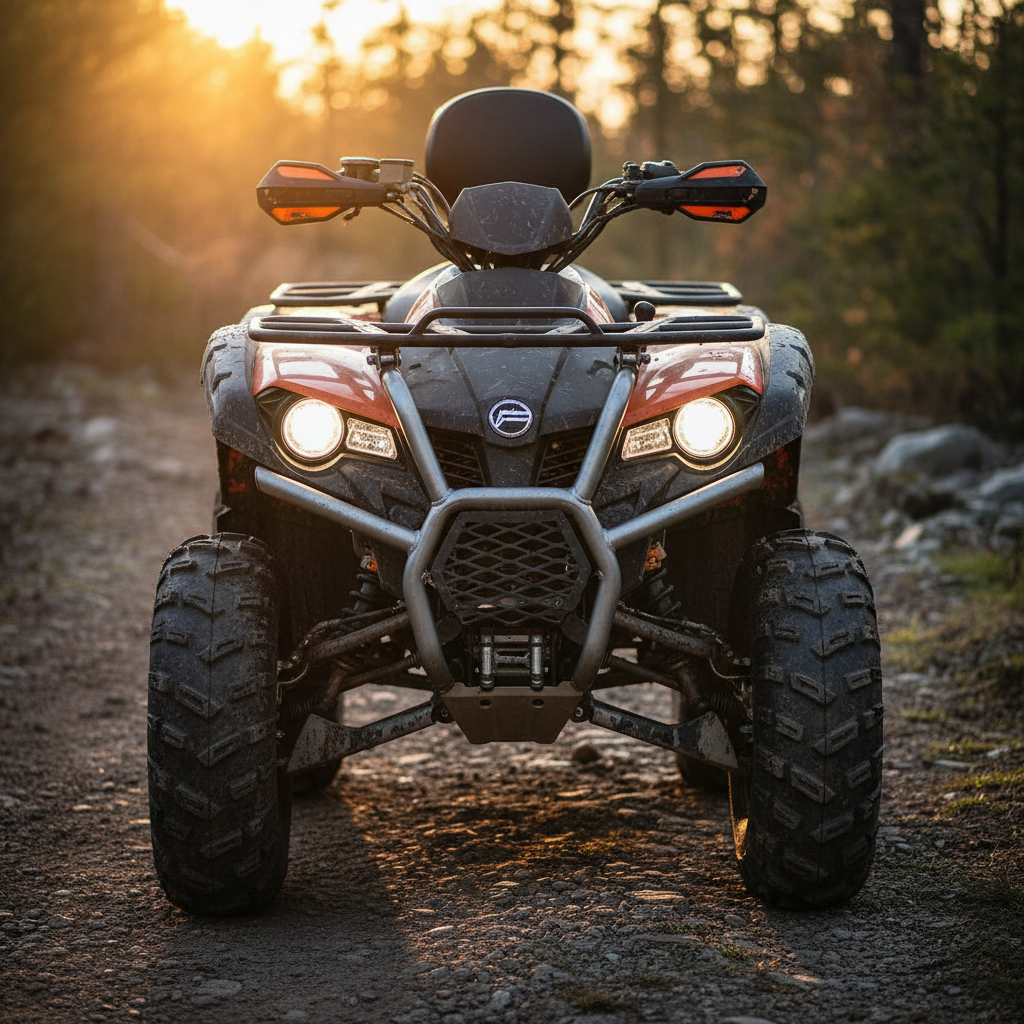 A square, close-up professional product photo of a rugged all-terrain quad bike filling almost the entire frame, centered and fully visible, with minimal empty space and dramatic outdoor lighting. No text, no logos, no branding, no watermark, and no words anywhere in the image. The quad is the clear dominant subject, with a rugged Powersports dealership feel.