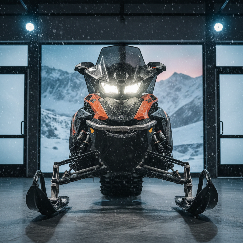 A square, close-up professional product photo of a rugged snowmobile filling almost the entire frame, centered and fully visible, with minimal empty space and dramatic winter lighting. No text, no logos, no branding, no watermark, and no words anywhere in the image. The snowmobile is the clear dominant subject, with a rugged powersports dealership feel.