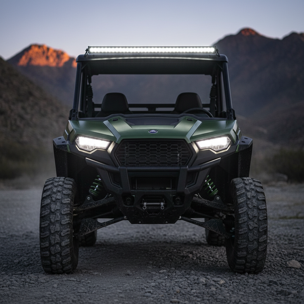 A square, close-up professional product photo of a rugged side-by-side utility vehicle facing directly toward the camera head-on, matching the clean unbranded style of the Quad and Snowmobile option photos. The vehicle should fill almost the entire frame, be centered and fully visible, with dramatic outdoor lighting. No text, logos, branding, watermark, or words anywhere in the image.