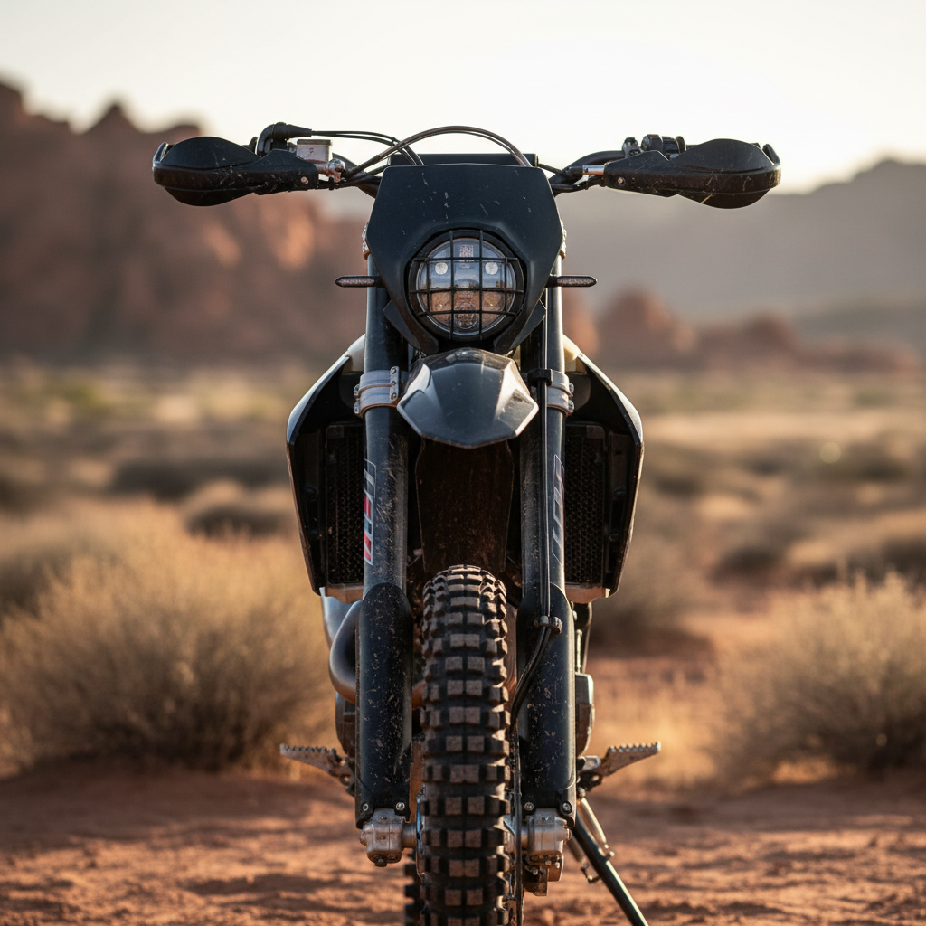 A square, close-up professional product photo of a rugged dirt bike facing directly toward the camera head-on, matching the clean unbranded front-facing style of the Quad and Side by Side option photos. The dirt bike should fill almost the entire frame, be centered and fully visible, with dramatic outdoor lighting. No text, logos, branding, watermark, or words anywhere in the image.